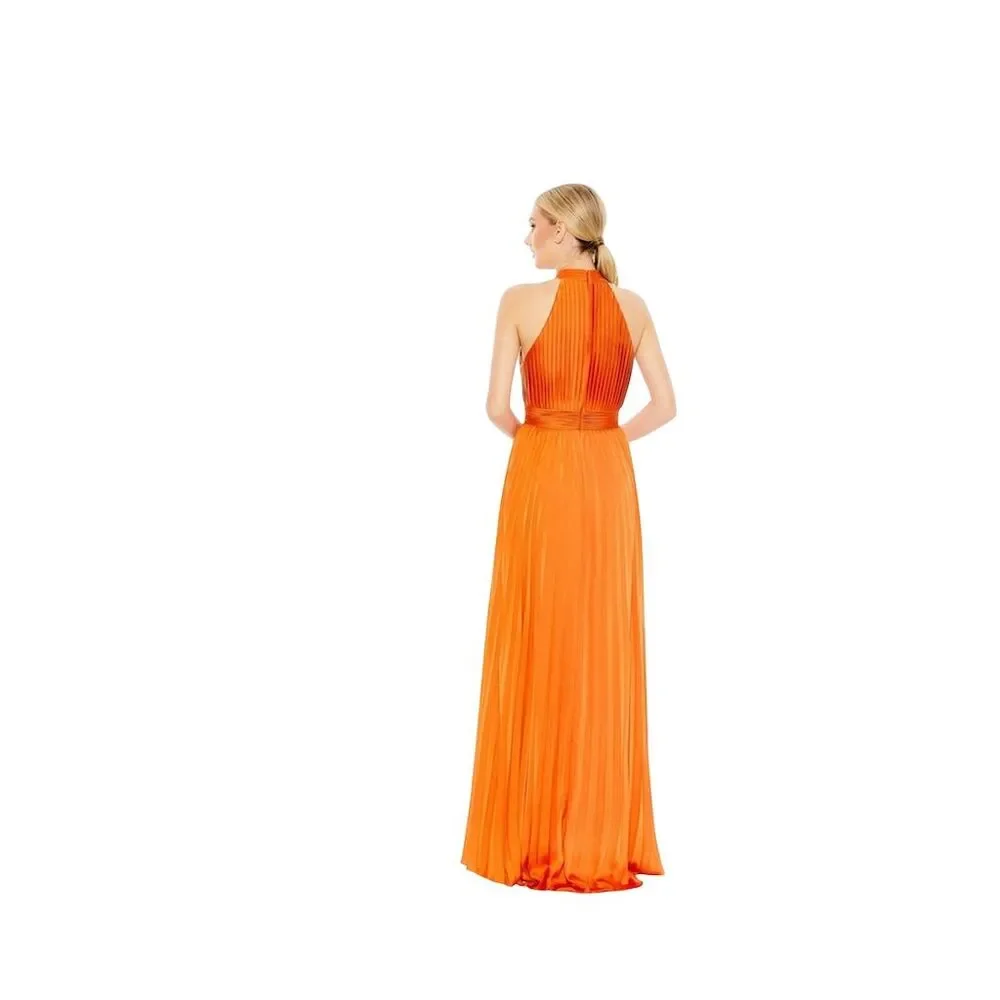 Mac Duggal Women's Size 6 Orange Halter Pleated Maxi Dress Formal 26992 - Picture 2 of 8